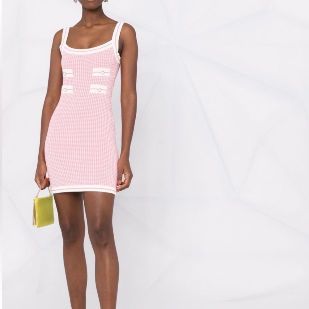 Alessandra Rich Pink Knitted Mini Dress with Pearls Size 38